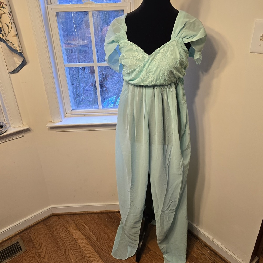 Vintage Mint Green Lace Top Maxi Dress Flowy Sheer Bohemian Style Size Large